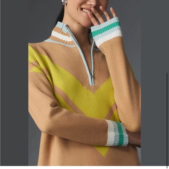 Like new Maeve by Anthropologie Varsity Half-Zip Tunic Mini Dress Neutral Motif - Picture 3 of 5